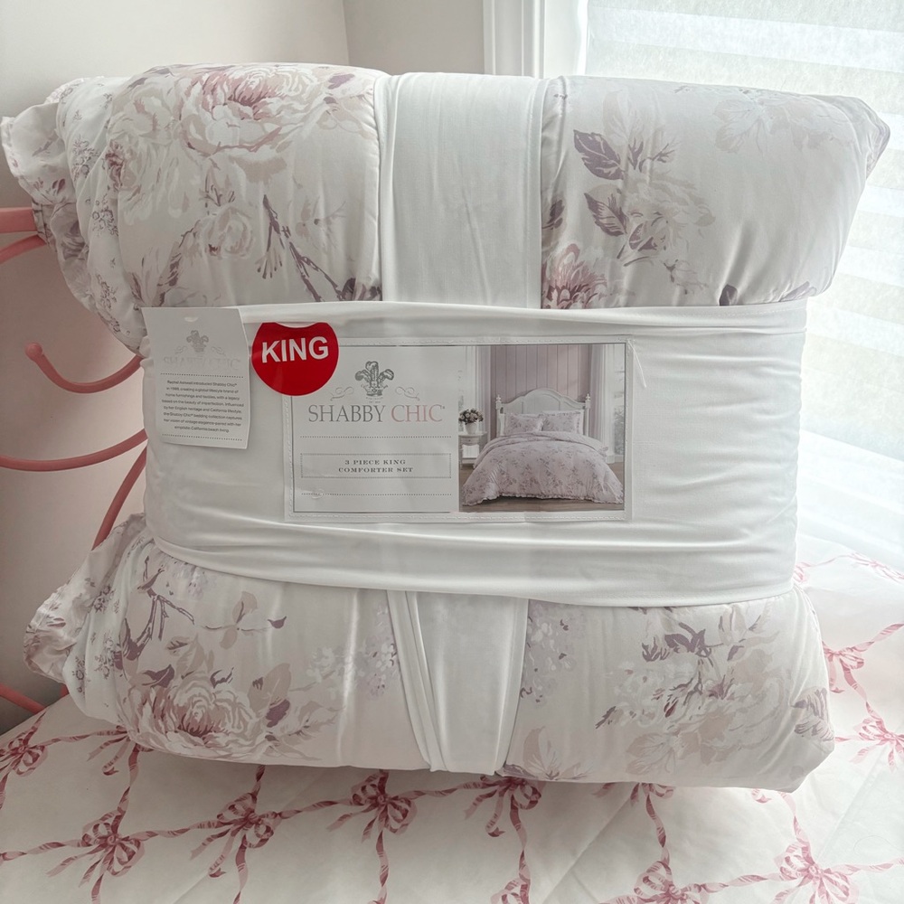 ✨NEW!✨SHABBY CHIC Rachel Ashwell Pastel Pink Rose 3 PIECE KING Comforter Set